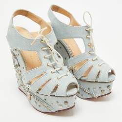 Charlotte Olympia Blue Denim Studded Cut Out Wedge Platform Sandals Size 38