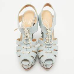 Charlotte Olympia Blue Denim Studded Cut Out Wedge Platform Sandals Size 38