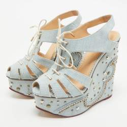 Charlotte Olympia Blue Denim Studded Cut Out Wedge Platform Sandals Size 38