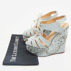 Charlotte Olympia Blue Denim Studded Cut Out Wedge Platform Sandals Size 38