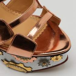 Charlotte Olympia Rose Gold Leather Platform Wedge Sandals Size 37
