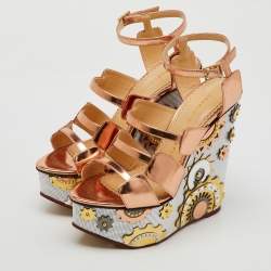 Charlotte Olympia Rose Gold Leather Platform Wedge Sandals Size 37