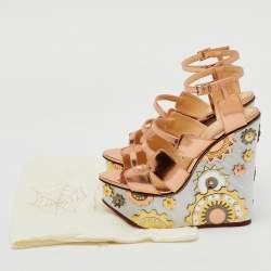 Charlotte Olympia Rose Gold Leather Platform Wedge Sandals Size 37