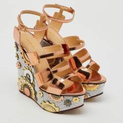 Charlotte Olympia Rose Gold Leather Platform Wedge Sandals Size 37