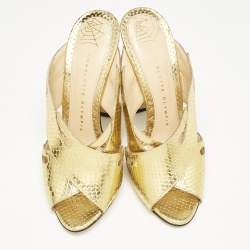 Charlotte Olympia Gold Snakeskin Embossed Patent Leather Cut Out Slide Sandals Size 38