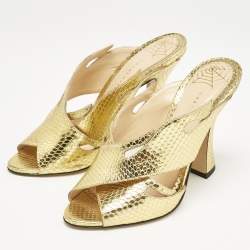 Charlotte Olympia Gold Snakeskin Embossed Patent Leather Cut Out Slide Sandals Size 38