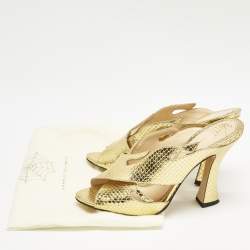 Charlotte Olympia Gold Snakeskin Embossed Patent Leather Cut Out Slide Sandals Size 38