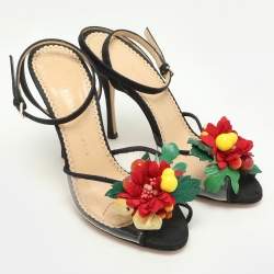 Pre Owned Charlotte Olympia Black Canvas Trims And PVC Tropicana Ankle Strap Sandals Size 39