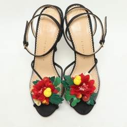 Pre Owned Charlotte Olympia Black Canvas Trims And PVC Tropicana Ankle Strap Sandals Size 39
