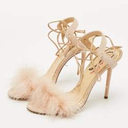 Pre Owned Charlotte Olympia Peach Suede and Fur Trim Salsa Ankle Strap Sandals Size 39.5