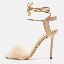 Charlotte Olympia Peach Suede and Fur Trim Salsa Ankle Strap Sandals Size 39.5