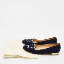 Charlotte Olympia Navy Blue Velvet Kitty Ballet Flats Size 39
