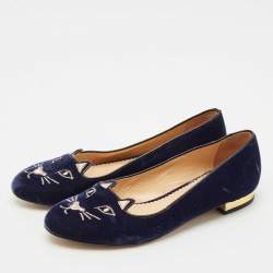 Charlotte Olympia Navy Blue Velvet Kitty Ballet Flats Size 39