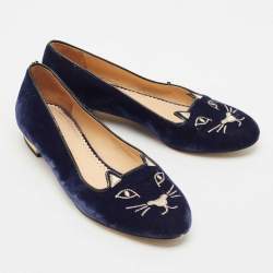 Charlotte Olympia Navy Blue Velvet Kitty Ballet Flats Size 39
