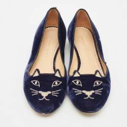 Charlotte Olympia Navy Blue Velvet Kitty Ballet Flats Size 39