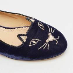 Charlotte Olympia Navy Blue Velvet Kitty Ballet Flats Size 39