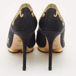 Pre Owned Charlotte Olympia Black Fabric Debbie Dragon Pointed Toe Platform Pumps Size 41
