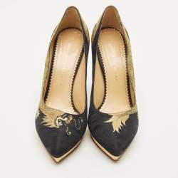 Pre Owned Charlotte Olympia Black Fabric Debbie Dragon Pointed Toe Platform Pumps Size 41