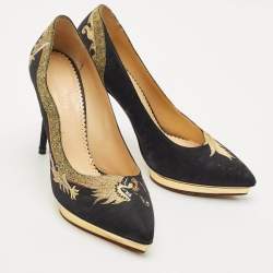 Pre Owned Charlotte Olympia Black Fabric Debbie Dragon Pointed Toe Platform Pumps Size 41