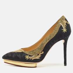 Pre Owned Charlotte Olympia Black Fabric Debbie Dragon Pointed Toe Platform Pumps Size 41