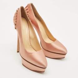 Pre Owned Charlotte Olympia Gold Satin Paloma Fan Pleat Platform Pumps Size 40