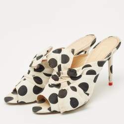 Pre Owned Charlotte Olympia White/Black Polka Canvas Bow Slide Sandals Size 40.5