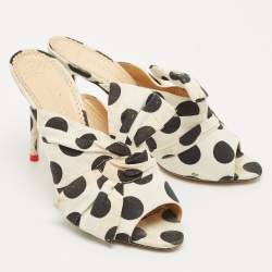 Pre Owned Charlotte Olympia White/Black Polka Canvas Bow Slide Sandals Size 40.5