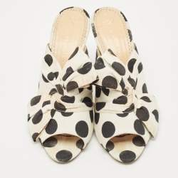 Pre Owned Charlotte Olympia White/Black Polka Canvas Bow Slide Sandals Size 40.5