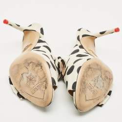 Pre Owned Charlotte Olympia White/Black Polka Canvas Bow Slide Sandals Size 40.5