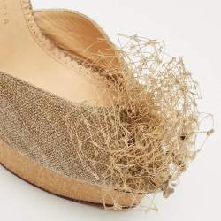 Pre Owned Charlotte Olympia Gold Canvas and Glitter Embellished Ankle Strap Sandals Size 40