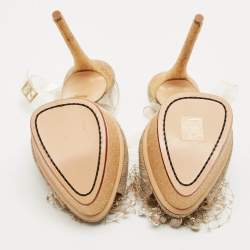 Pre Owned Charlotte Olympia Gold Canvas and Glitter Embellished Ankle Strap Sandals Size 40