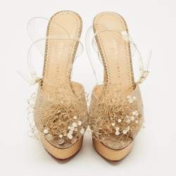 Pre Owned Charlotte Olympia Gold Canvas and Glitter Embellished Ankle Strap Sandals Size 40