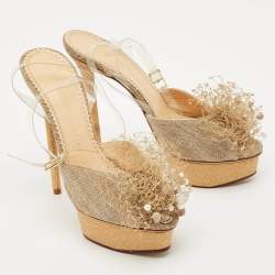 Pre Owned Charlotte Olympia Gold Canvas and Glitter Embellished Ankle Strap Sandals Size 40