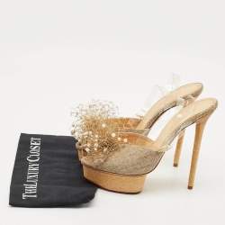 Pre Owned Charlotte Olympia Gold Canvas and Glitter Embellished Ankle Strap Sandals Size 40