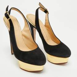 Pre Owned Charlotte Olympia Black Suede Dolly Platform Slingback Pumps Size 35