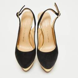 Pre Owned Charlotte Olympia Black Suede Dolly Platform Slingback Pumps Size 35