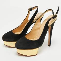 Pre Owned Charlotte Olympia Black Suede Dolly Platform Slingback Pumps Size 35