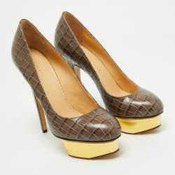 Pre Owned Charlotte Olympia Grey Croc Embossed Leather Dolly Platform Pumps Size 39