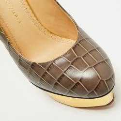Pre Owned Charlotte Olympia Grey Croc Embossed Leather Dolly Platform Pumps Size 39
