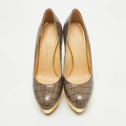 Pre Owned Charlotte Olympia Grey Croc Embossed Leather Dolly Platform Pumps Size 39