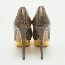 Pre Owned Charlotte Olympia Grey Croc Embossed Leather Dolly Platform Pumps Size 39