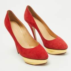 Pre Owned Charlotte Olympia Red Suede Dolly Platform Pumps Size 39