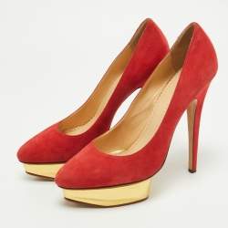 Pre Owned Charlotte Olympia Red Suede Dolly Platform Pumps Size 39