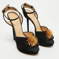 Pre Owned Charlotte Olympia Black Suede Ankle Strap Platform Sandals Size 40