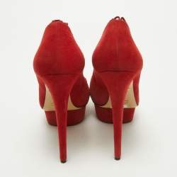 Pre Owned Charlotte Olympia Red Suede Daphne Scalloped Trim Peep Toe Platform Pumps Size 40