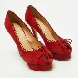 Pre Owned Charlotte Olympia Red Suede Daphne Scalloped Trim Peep Toe Platform Pumps Size 40