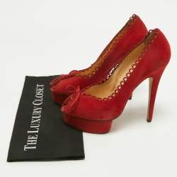 Pre Owned Charlotte Olympia Red Suede Daphne Scalloped Trim Peep Toe Platform Pumps Size 40