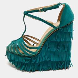 Pre Owned Charlotte Olympia Blue Suede Winona Fringe Wedge Sandals Size 39