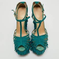 مملو�كة مسبقًا Charlotte Olympia Blue Suede Winona Fringe Wedge Sandals Size 39