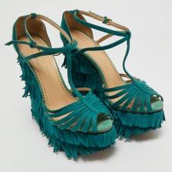 مملوكة مسبقًا Charlotte Olympia Blue Suede Winona Fringe Wedge Sandals Size 39
